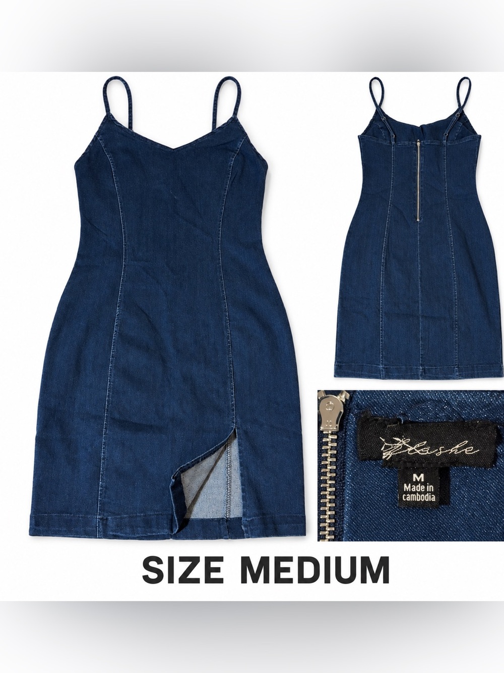 Denim Spaghetti-Strap Dress in Dark Blue